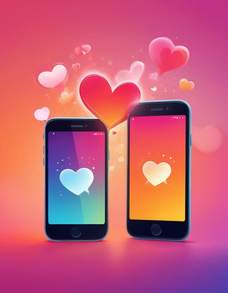 A whimsical illustration of two smartphones vibrantly glowing, displaying colorful dating app interfaces with heart icons and chat bubbles. In the background, soft silhouettes of people engaging in warm conversations, symbolizing connection and intimacy. A subtle gradient of warm tones to evoke feelings of love and friendship. Charming illustrations of coffee cups and hearts floating in the air. vector art. vibrant colors.
