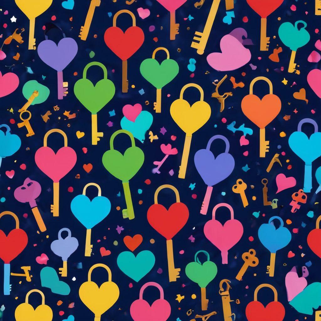 A colorful, intricate key unlocking a heart-shaped padlock against a backdrop of playful silhouettes representing diverse couples engaged in casual dating. Surround the scene with symbols of fun and flirtation like cocktails, laughter bubbles, and vibrant confetti to evoke a sense of joy and exploration. Add soft, dreamy lighting to emphasize a lighthearted ambiance. vibrant colors. 3D.