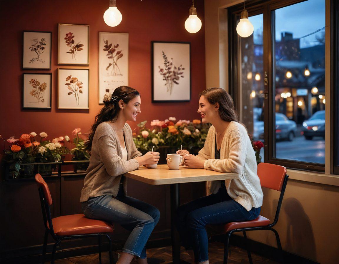 A cozy café setting with two people engaged in playful conversation, surrounded by soft, warm lighting. Include subtle cues of flirtation like playful glances and smiling faces, with a small table adorned with coffee cups and a fresh bouquet of flowers. The background features romantic music notes floating through the air, representing the mood of connection. Illustrate a sense of intimacy and warmth. super-realistic. vibrant colors. soft focus.
